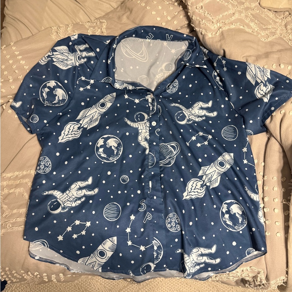 Women’s Blue Space-Themed Button-Up Shirt, 2X